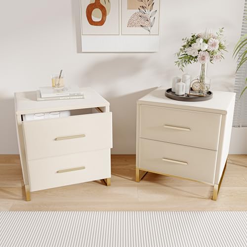 Yeutre Table de Chevet Lot de 2, Table de Nuit Blance Bois avec 2 Tiroirs, Pieds et Poignées en Métal Dorés Tables de Chevet pour Chambre à Coucher Et...