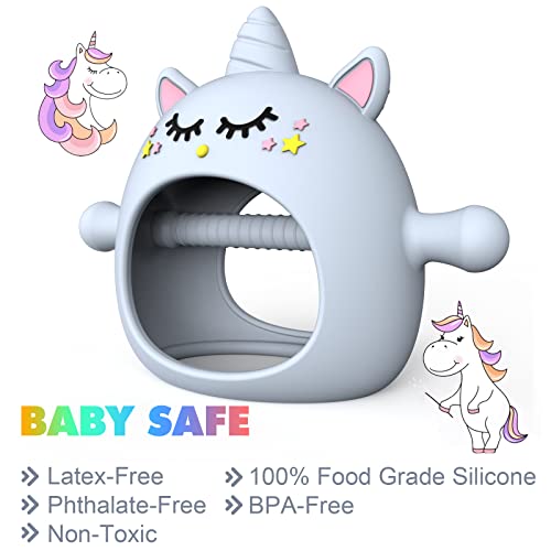 Image of Teething Toys for Babies 0-6 Months, Tinabless Unicorn Never Drop Silicone Teether for Babies 6-12 Months, Hand Pacifier for Breast Feeding Baby, Baby Chew Toys Freezer Safe for Newborn, Blue