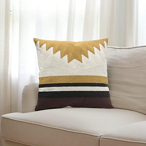 IKATYARN Modern Contemporary Southwestern Transitional Throw Pillow Cover, Decorative Embroidery Ocher Geometric Pattern Pillowcase for Couch Sofa Bed, 18"x18"
