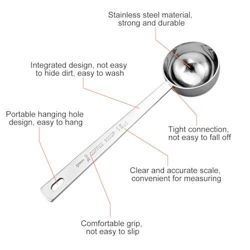 Kzouenzu Edelstahl Kaffeelöffel, 15ml Kaffeedosierlöffel, Kaffeelot, Kaffeelöffel mit Langem Griff, für Tee Kaffeesatz, Bohnen, Gewürze(Silber)