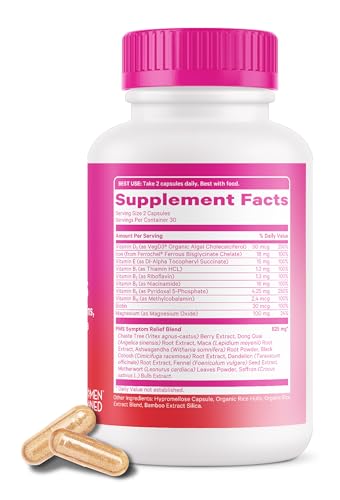 Pink Stork PMS Supplement for Women - Vitex, Ashwagandha, Maca Root & 10 Vitamins & Minerals to Support Hormone Balance, Mood, Bloating, Period Regularity - 60 Capsules