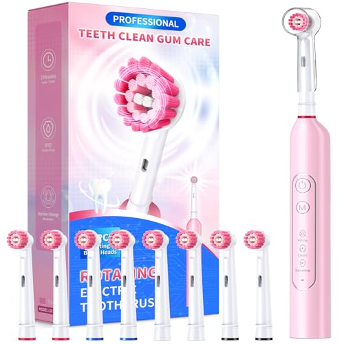 Rotating Electric Toothbrush for Adults with 8 Brush Heads, Sensitive Gum Care Electric Toothbrush with 3 Modes and 2 Min Smart Timer, Rechargeable Last 45 Days (Blossompink, Rotating)