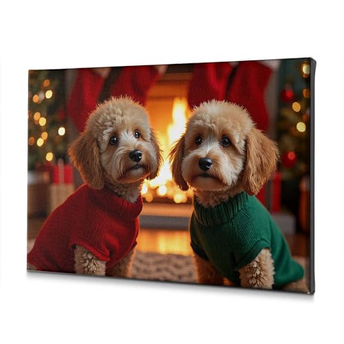 Tableau deux chiens pulls festifs décoration maison de ferme toile salon