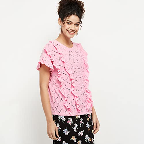 Image of Max Women Schiffli Detail Round Neck Ruffled Regular Fit Top