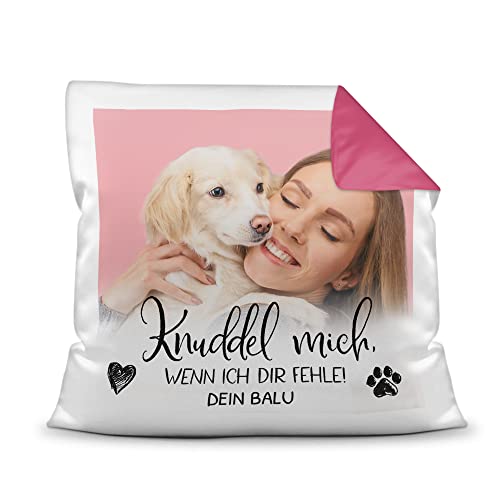 PfotenSchild Personalisiertes Foto-Kissen mit Füllung - Knuddel Mich, wenn ich dir fehle - mit Namen selbst gestalten - für Hunde, Katzen und andere Haustiere | Rückseite Pink