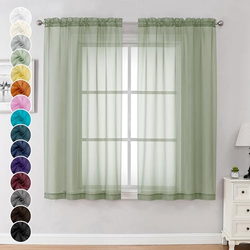 Chyhomenyc Lot de 2 Rideaux Transparents Vert Sauge de 160 cm de Long pour Cuisine, Rideaux de...