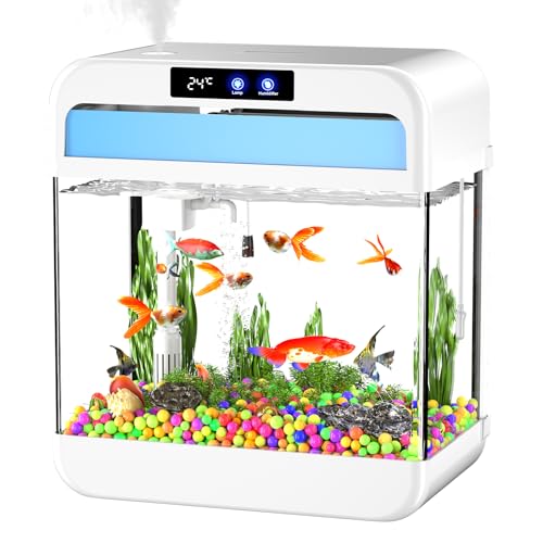 Fish Tank Aquarium 2.2 Gallon with Humidifier 7 Color Looping Light with Timer Self-Cleaning 3 in 1 Water Pump with Filteration & Oxygenation & Circulation, Temperature Display, HD Heat Bending Glass