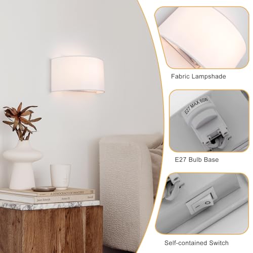 HARPER LIVING Wall Light with Switch, E27 ES Wall Wash Reading Lamp with White Semi-Circle Fabric Shade, Bedside Wall Sconce for Bedroom, Living Room, Hallway, Hotel - Image 5