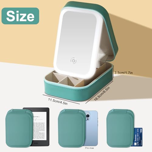 Small Travel LED Makeup Mirror Case with 3 Adjustable Color Light Settings, Dust-Proof Jewelry Box, Mini Cosmetic Train Case Ideal for Short Trips (Green)2