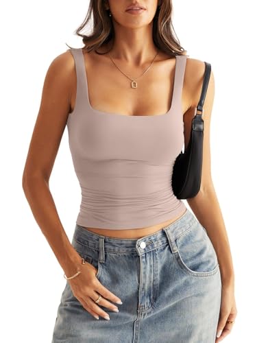 Tomwell Damen Quadrat Ausschnitt Tank Tops Doppelt Gefüttert Tiefem Rückenausschnitt Top Figurbetont Ärmellos Sommer Going Out Ausgang Aprikose S