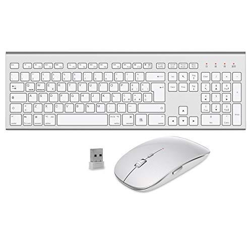 FENIFOX - Teclado y ratón inalámbricos, Doble conmutación de Sistema ergonómico Italiano 2.4 G USB QWERTY, para Mac iMac Windows, Android, PC, Ordenador, Ordenador portátil, TV (Plata Blanca)