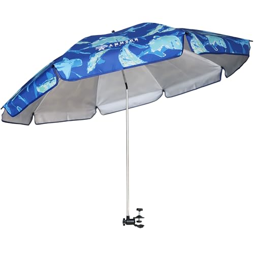Image of AMMSUN XL Chair Umbrella with Universal Clamp Adjustable 52 inches and 360-degree Swivel UPF 50+, Portable Clamp on Camping or Beach Chair, Stroller, Wheelchair, Golf cart, Sharks, Large-sized