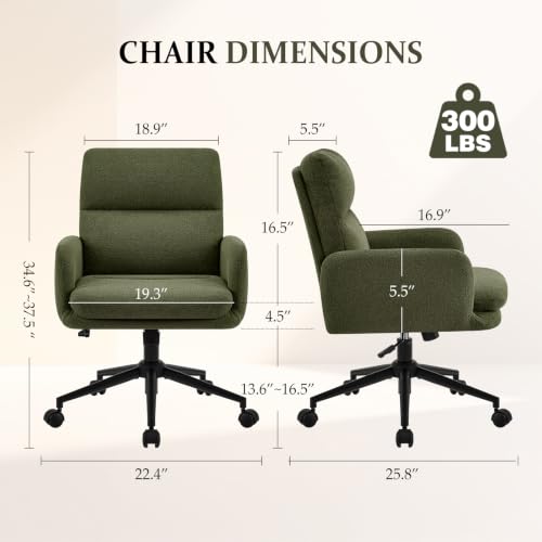 Image of Comfortable Ergonomic Office Chair, Upholstered Desk Chair with Double-Layer Cushioning, Adjustable Height Swivel Task Chair with Padded Armrests, Rolling Wheels and Metal Base, Green