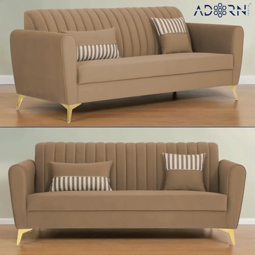 Image of Adorn India Premium Luster 3-2-1 Sofa Set | Velvet Suede Fabric | 3-Year Warranty | Color Camel with Golden Legs & Striped Pattern Cushion