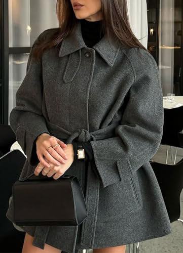 CHARTOU Women Winter Wool Pea Coat Casual Loose Short Wool Trench Coat with Belt3