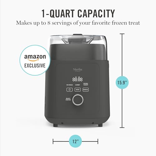 Image of Martha Stewart 1 Quart Ice Cream Maker, Built-In Compressor, No Pre-Freezing Required, 3 Modes (Ice Cream, Sorbet, Frozen Yogurt), Automatic Mix-In Alert, Dishwasher-Safe Parts, Caviar Gray