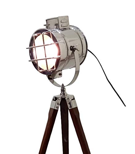 Nautical Replica Hub Brown Hollywood Chrome Marine Designer Spotlight Search Light Decorative Floor Lamp W/Wooden Tripod Designer Studio Floor Lamp Nautical Spot Light Searchlight With Tripod Stand
