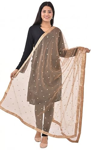 Image of YOUTHQUAKE Women's Net Embroidered Full Size Dupatta With 4 Side Golden Lace