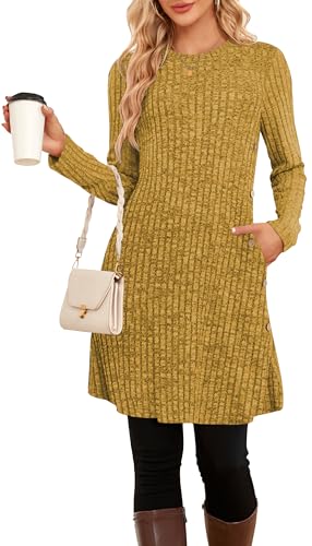 SENBATU Damen Pullover Kleider Herbst Winter Strickkleid Damen langärmelig Knöpfe Seitliches Tunika Kleid mit Taschen(Einfarbig Gelb,Groß) EU L