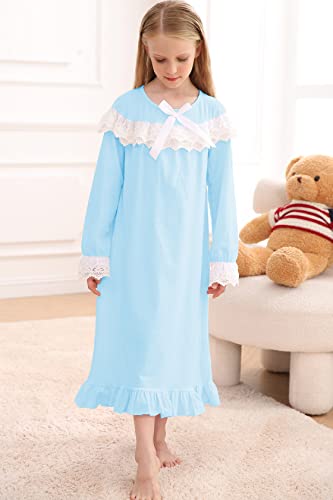 Lace Nightgown For Girls 8-9 Years Kids Blue Sleep Dress With Bowknot Long Sleeve Novelty Comfy Princess Sleepwear For Nightie #TOP2