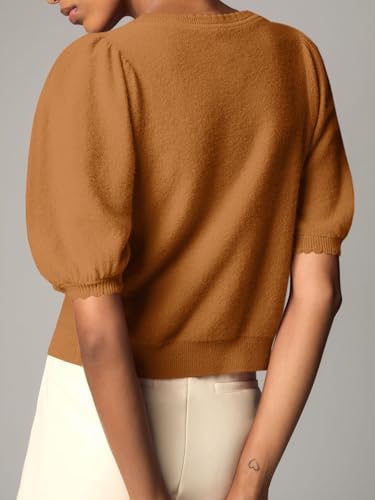 Image of Saodimallsu Womens Puff Short Sleeve Cardigan Lightweight Summer Button Down Shirts Knit Crew Neck Sweater Tops