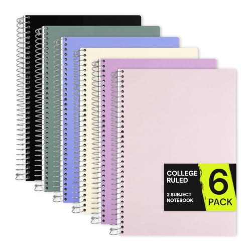ONAVIA 2 Subject Spiral Notebook College Ruled 6 Pack, 200 Pages, Assorted