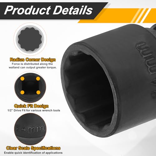 Image of HARFINGTON 1 /2 inch Drive x 24mm Shallow Impact Socket 12-Point Metric CR-V Steel Spindle Nut Impact Flip Sleeve for Home Auto Nuts Bolts Repair