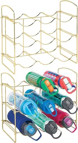 Image of Metal Water Bottle Rack Storage Organizer for Kitchen Countertops, Pantry, Fridge - Stores Wine, Beer, Pop /Soda - 3 Levels, Each Holds 9 Bottles, Free-Standing (Gold)