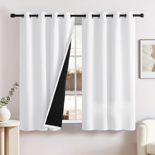NICETOWN White 100% Blackout Curtains for Bedroom 63 Inch Long, Grommet Thermal Insulated 3 in 1 Soundproof Curtains with Black Liner Window Drapes fo