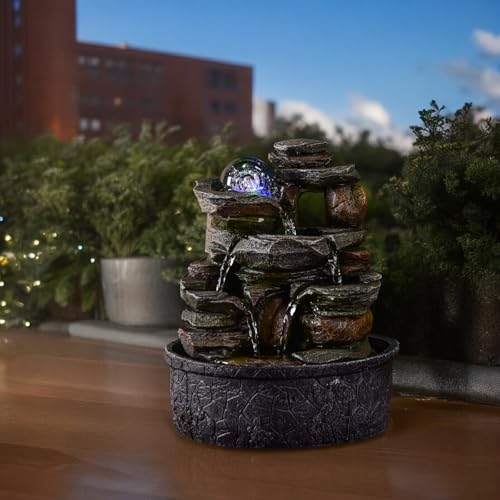 Zimmerbrunnen Wasserfall Natur Stein Rock Light Effekt Buntes Licht, Geschenkidee, Bewegte Innendekoration - Zen Tischbrunnen Entspannend, Feng Shui Objekt Glück, H 23cm - Satya Zen'Light