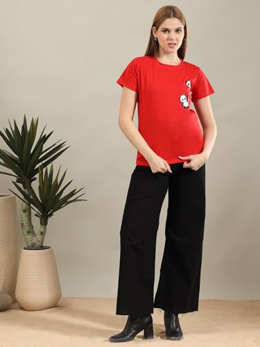 Image of bearbrother Women Regular Fit Printed Red Half Sleeves Round Neck Tshirt