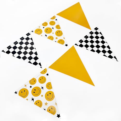 Image of Happy Dude 1st Birthday Decorations Yellow Black Smile Face Star Lightning Checkered Smiley Face Triangle Paper Hanging Pennant Banner Flag for First Birthday Party Decorations Supplies