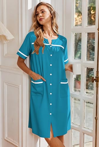 Image of Ekouaer Nightgowns for Women House Dress with Pockets Button Down Sleepshirt Short Sleeve Nightshirt Housecoat