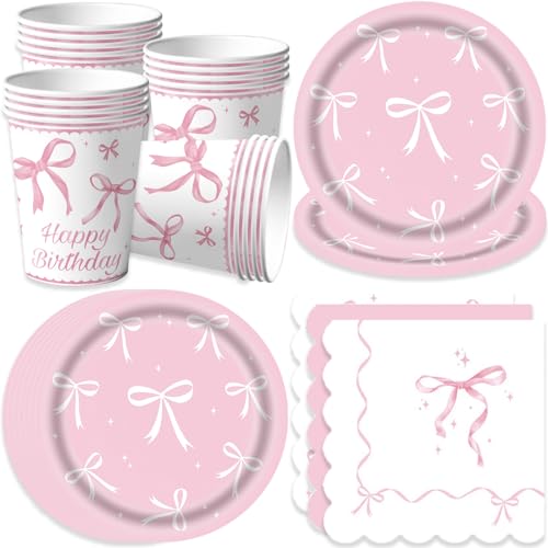 Bikasun Ensemble de vaisselle de fête en forme de nœud rose, assiettes d'anniversaire, gobelets de princesse, assiettes en carton pour fille, femme,...