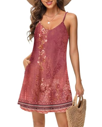 Tanmolo Damen Sommer Kleid Rmellos Kurz Strandkleid Spaghettitrger Knielangen Freizeitkleid M Blush Daisy