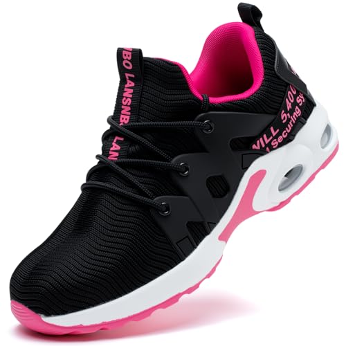LANSNBO Steel Toe Shoes for Women Indestructible Safety Work Shoes Air Cushion Lightweight Breathable Utility Sneakers Puncture Proof Slip Resistant Composite Toe Footwear, Black,red, 8.5