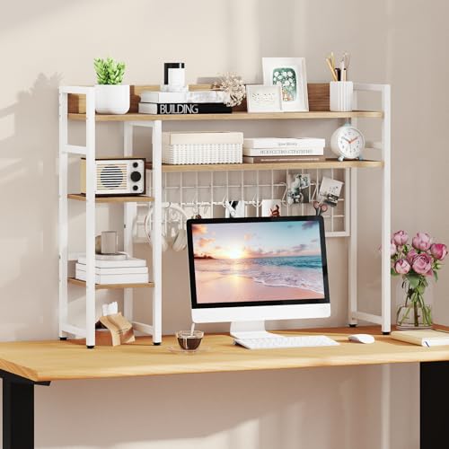 Image of Tangkula Desktop Bookshelf for Computer Monitor Up to 32 inch, Countertop Storage Hutch with 4 Open Storage Shelves, Grid Panel, Anti-tip Device, 4-Tier Desktop Display Shelves for Home Office (Natural)