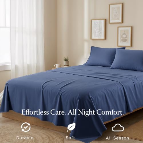 Image of Threadmill 300TC Cotton Full Sheet Set, Sateen, Solid, Folkstone Blue | 100% Cotton, Sateen Weave, 4-Piece Set, 16 inch Deep Pocket, All-Around Elastic, Cooling, Breathable, OEKO-TEX Certified