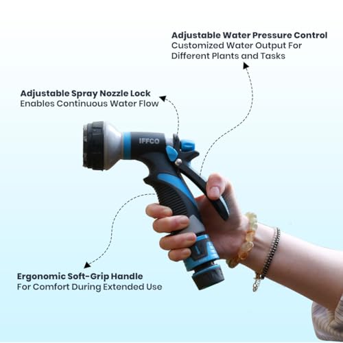 Image of IFFCO Urban Gardens - Hose Nozzle 1 Pc - 8 Mode Watering Spray Gun for Plants & Gardening - Soft-Grip Handle, Adjustable Nozzle Lock - Durable, Rust Resistance, Leakproof Design Spray Nozzle
