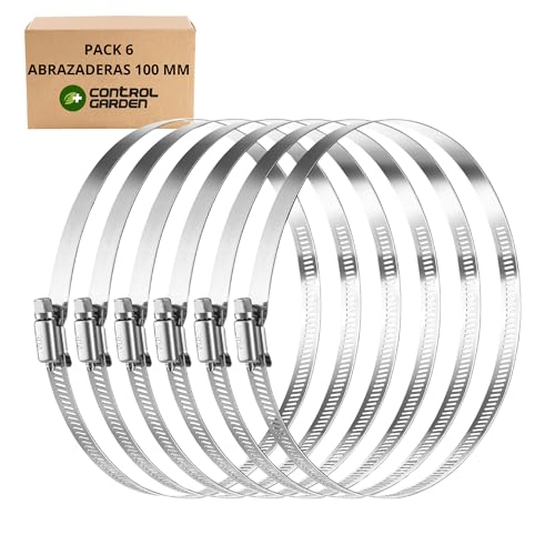 CONTROL GARDEN Pack 6 Abrazaderas Acero Inoxidable para Manguera, Conductos y Tubos 100 mm Diámetro - Abrazaderas Metálicas Tuberías de Agua, Sistemas de Ventilación y Gas