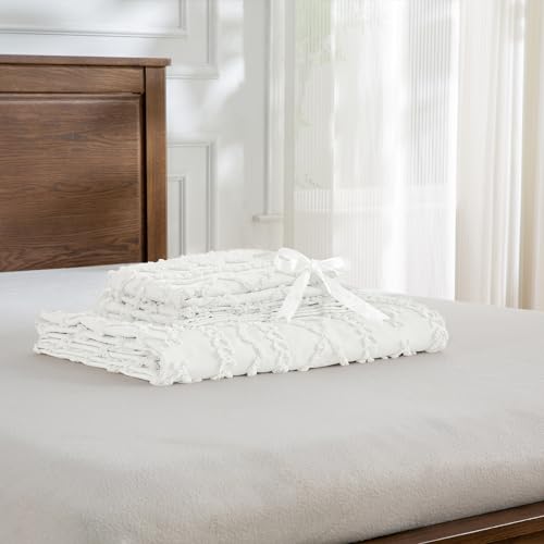 YASMENG White Boho Tufted Duvet Cover Queen Set Boho Geometric Chevron Stripe Jacquard Embroidery Bedding Farmhouse Shabby Chic Tufts Textured Khaki Duvet Cover Set Full Queen Size for All Seasons by YASMENG - Image 5