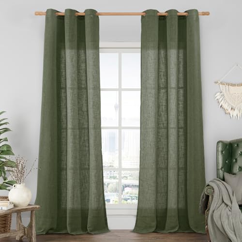 Image of LAMIT Olive Green Linen Curtains 84 inch Length, Soft Linen Textured Light Filtering Semi Sheer Panels with Bronze Grommet for Bedroom /Living Room, 2 Panels, 34 x 84 Inch