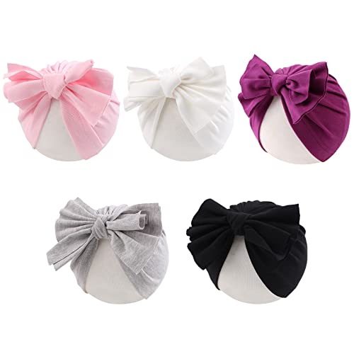 Image of Baby Girl Turban Newborn Beanies Hat 5 Pieces Cotton Infant Girls Headwraps Toddler Kids Hats 0-3 Years