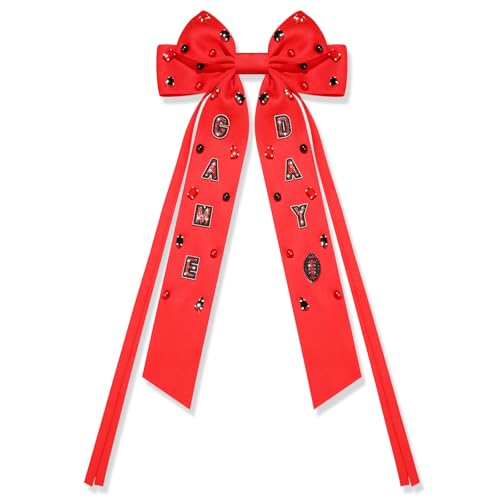 Game Day Hair Bows for Women Football Hair Bows Clips Jeweled Large Hair Ribbons Silky Satin Hair Ribbons Cheer Bows Red Blue Day Accessories Football Mom Game Day Accessories Outfits (Pattern D1)