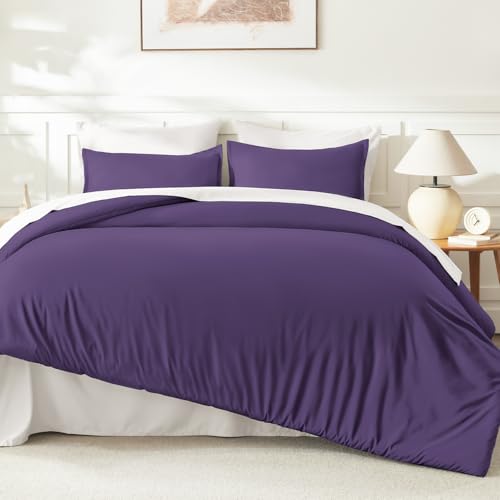 Image of Litanika Dark Violet Purple Comforter Set Full Size, 3 Pieces Lightweight Solid Bedding Comforter Set, All Season Fluffy Bed Set (79x90In Comforter & 2 Pillowcases)