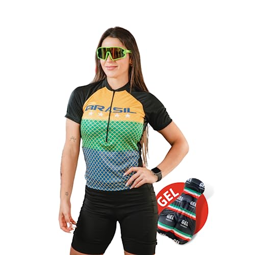 Kit de Ciclismo Feminino Camisa e Bermuda Com Forro em Gel (Brasil Estrelas, P)