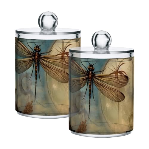 YMGQYJ Qtip Cotton Ball Holder Dispenser with Lid, Dragonfly Moon Print Plastic Jars Bathroom Canisters Storage Organizer 2 Pack