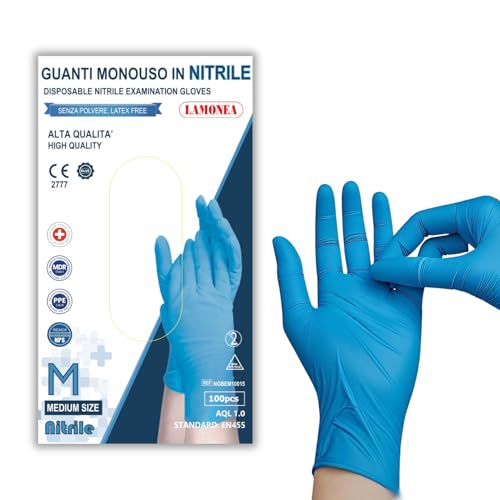 LAMONEA - 100 Guanti Azzurri Monouso in nitrile AQL 1.0 - Certificato CE - Senza Polvere di Alta Qualità confezione da 100 pezzi (taglia M) - NGBEM10015