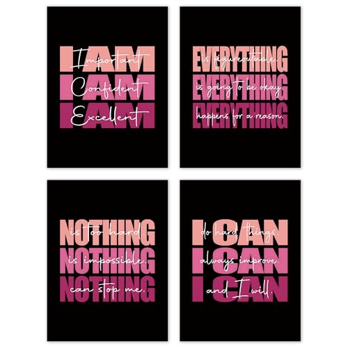 TLESKE Pink Woman Girl Inspirational Room Decor Posters Prints Unframed Set of 4, Preppy Motivational Wall Art Prints for Teen Girls Dorm Women Office Bedroom Classroom, Girly Positive Affirmations
