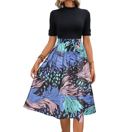 Casual Work Dresses for Women Elegant Classy Short Sleeve Belted Waist Two Tone Dress Trendy Business Outfits